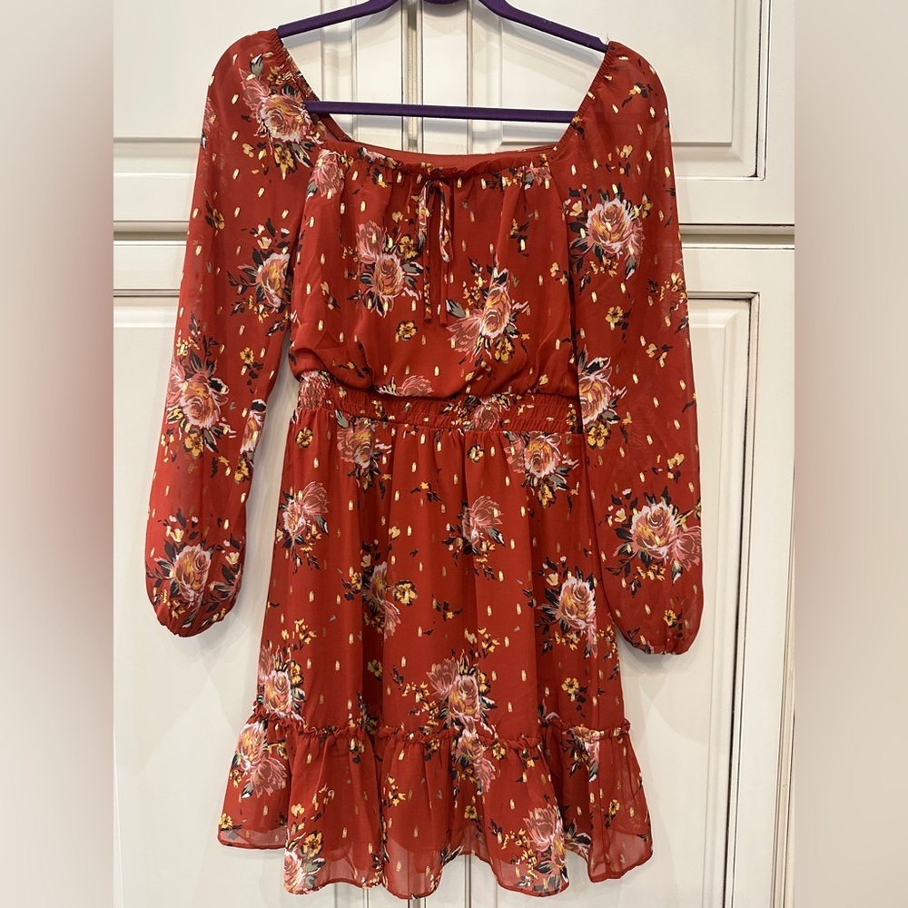 BCX Red Long Sleeve Sundress with Bishop Sleeves